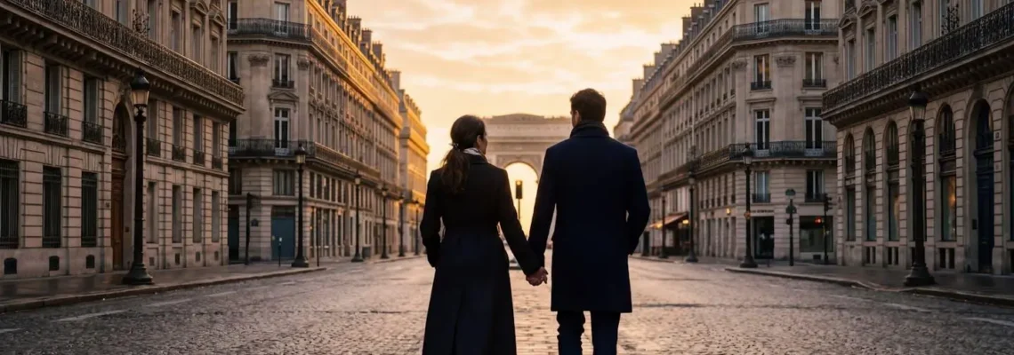 Un couple de dos admire une perspective de rue haussmannienne au petit matin, lumière dorée sur les pavés mouillés