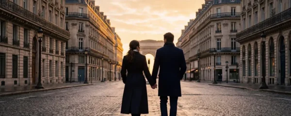 Un couple de dos admire une perspective de rue haussmannienne au petit matin, lumière dorée sur les pavés mouillés