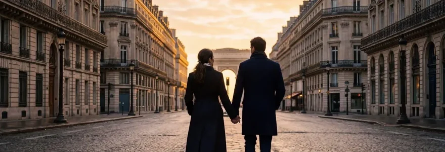 Un couple de dos admire une perspective de rue haussmannienne au petit matin, lumière dorée sur les pavés mouillés