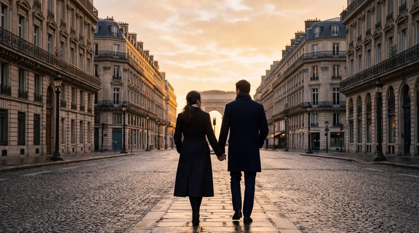 Un couple de dos admire une perspective de rue haussmannienne au petit matin, lumière dorée sur les pavés mouillés