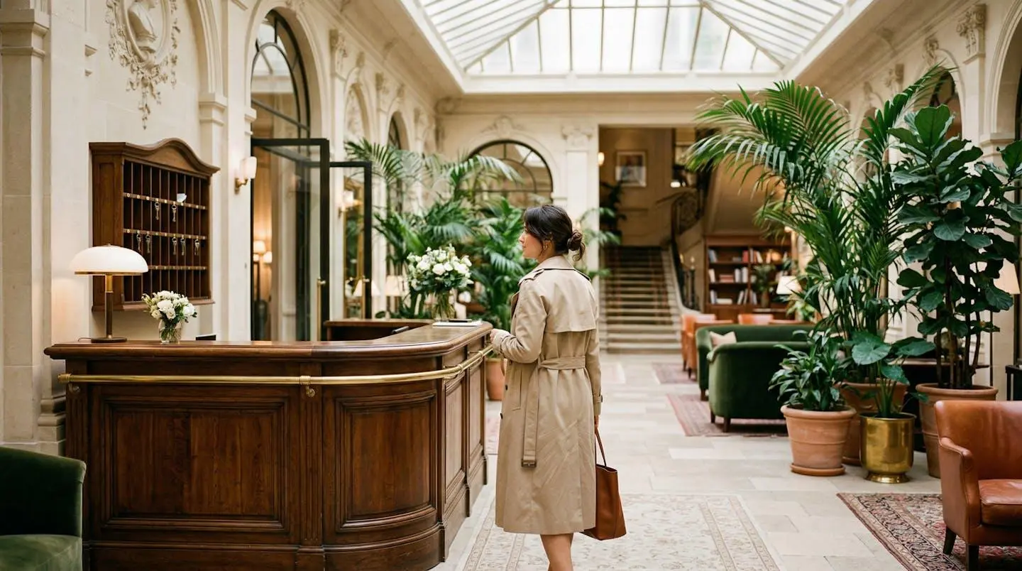 Hall d'hôtel parisien élégant avec réception en bois sombre, plantes vertes et lumière naturelle par verrière