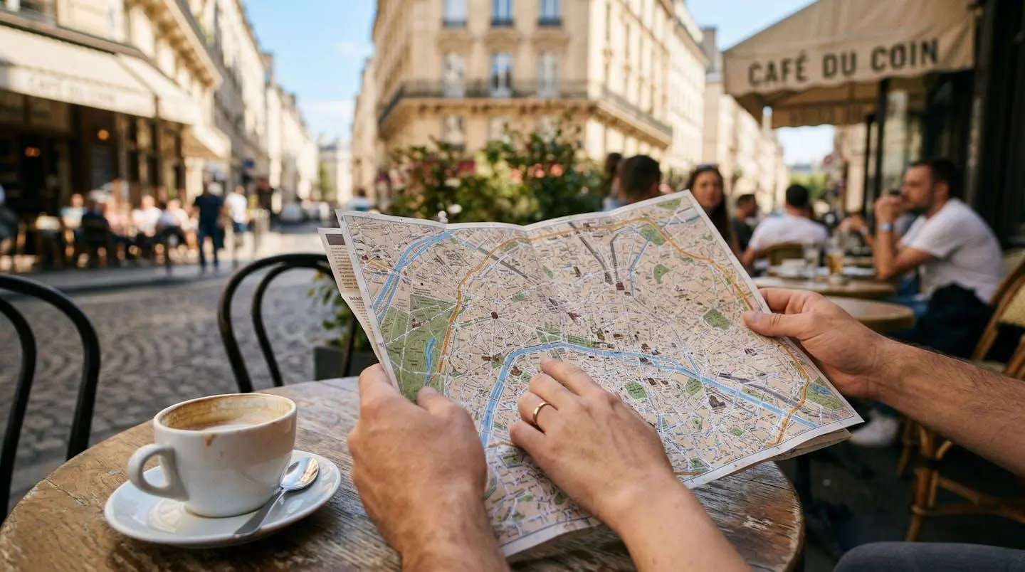 Des mains tiennent une carte papier de Paris dépliée sur une table de terrasse, avec un café en arrière-plan flouté
