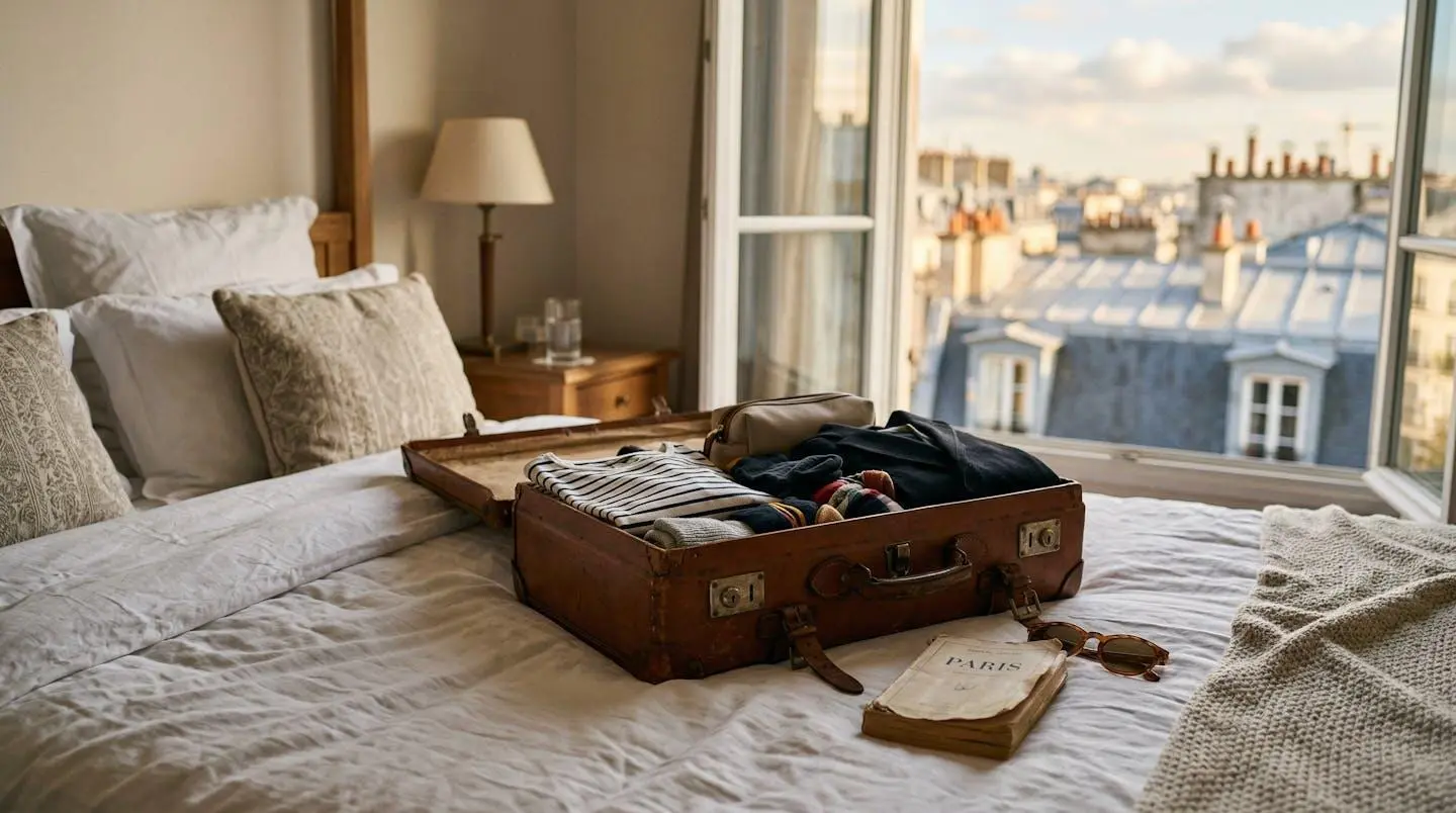Valise ouverte sur un lit d'hôtel avec un guide de voyage, vue floue sur une fenêtre avec toits parisiens en arrière-plan
