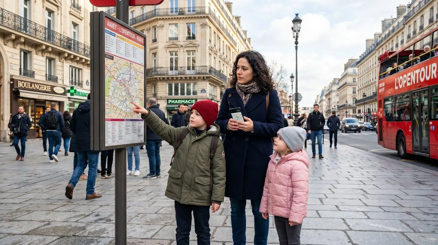 Famille de trois personnes consultant un plan d'itinéraire de bus touristique sur un panneau d'arrêt dans une rue parisienne, enfant montrant du doigt la carte