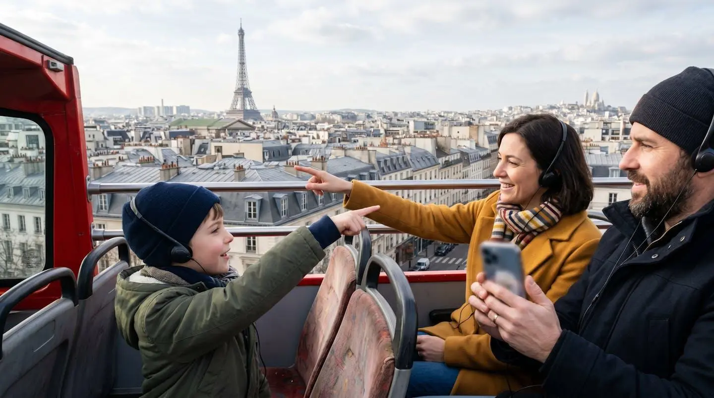 Famille de trois personnes vue de profil à l'étage supérieur d'un bus panoramique rouge, enfant montrant du doigt un monument au loin, adulte tenant un smartphone