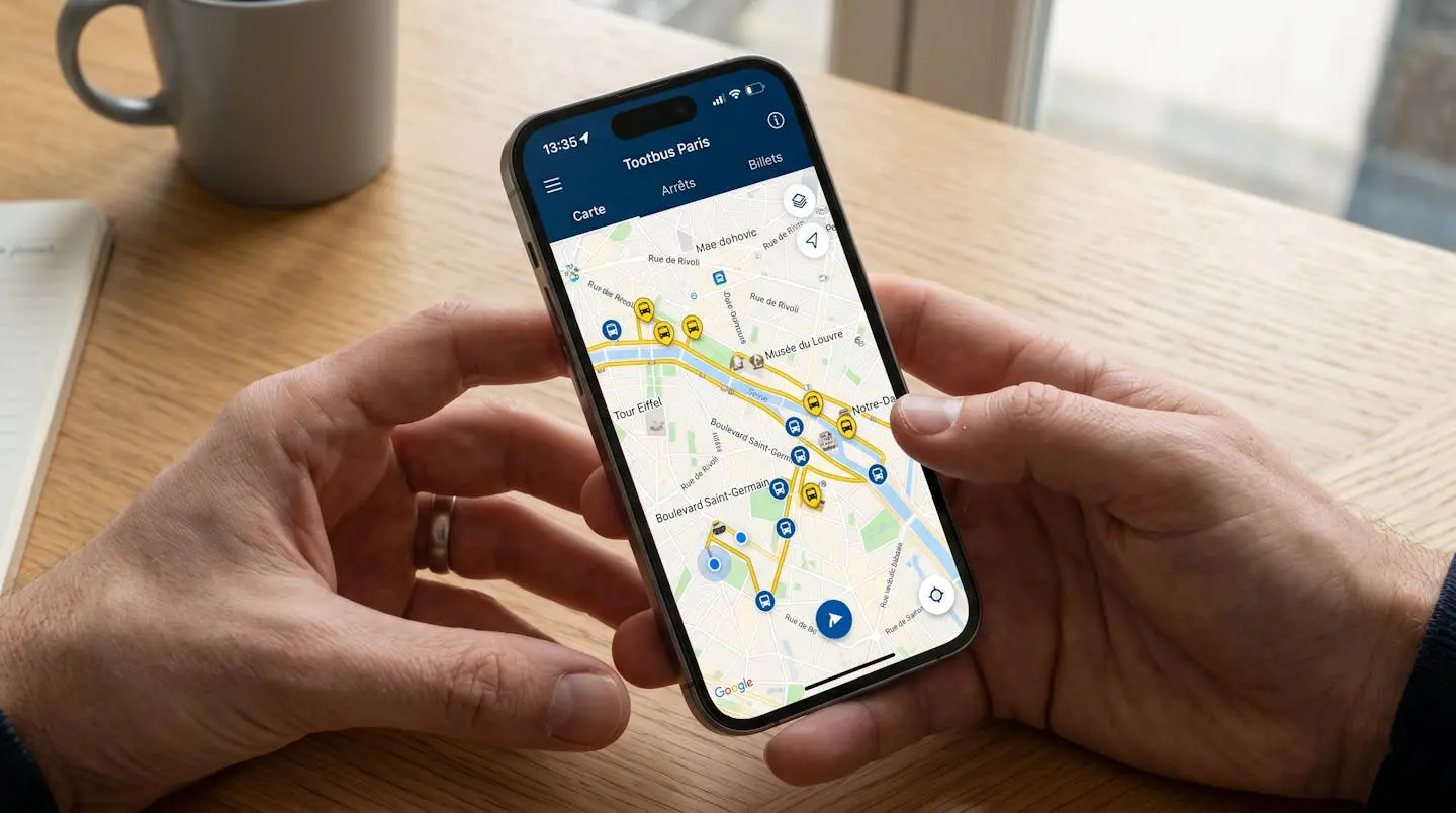 Gros plan sur des mains tenant un smartphone affichant une application de tracking GPS avec carte de Paris et points de localisation bus, écran partiellement flouté