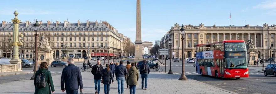 Vue grand angle de la Place de la Concorde avec un bus touristique rouge à impériale circulant au second plan, jour ensoleillé, foule floue au premier plan