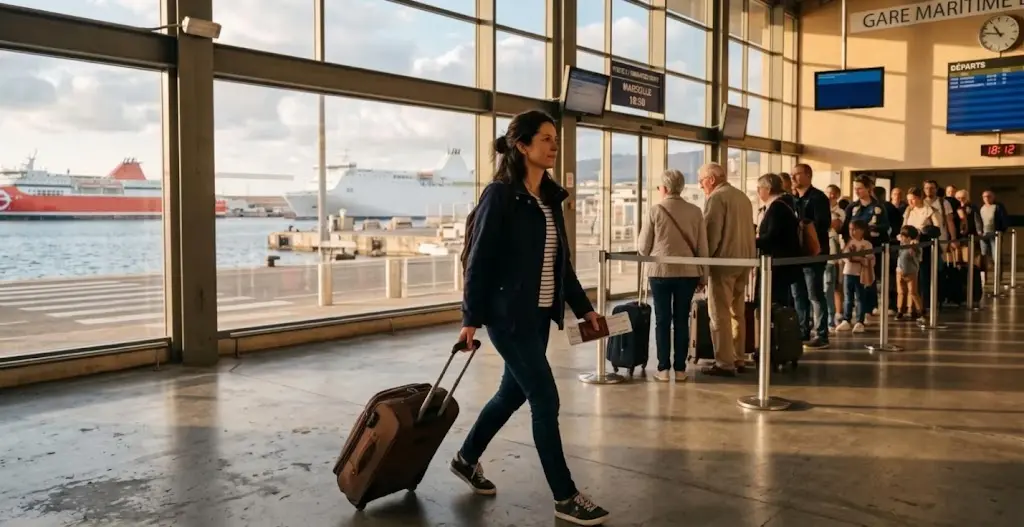 Un voyageur se présente à l'embarquement avec sa valise à la gare maritime d'Ajaccio.
