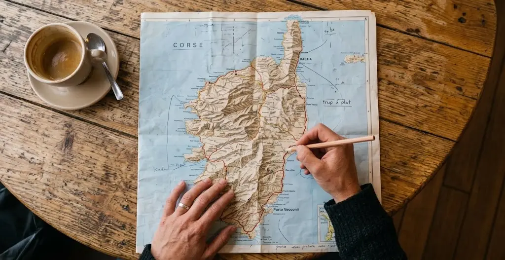 Un voyageur trace son itinéraire en ligne ouverte sur une carte papier de la Corse.