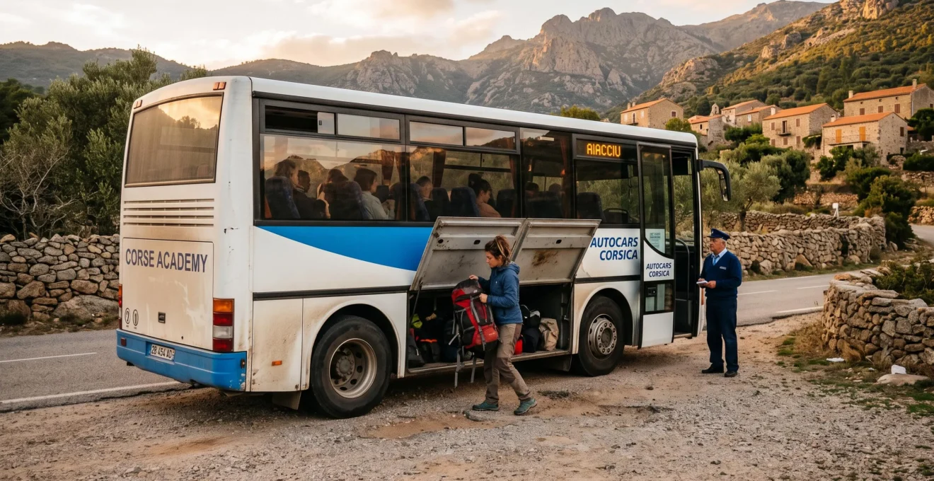 Un voyageur range son sac dans la soute d'un car régional sur une route corse.
